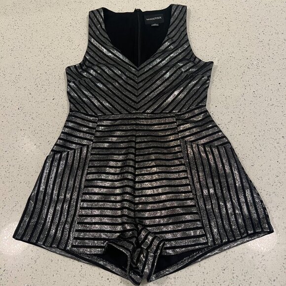 Revolve MINKPINK Size M GLIMMER OF HOPE BLACK SILVER METALLIC STRIPED ROMPER - Picture 5 of 14